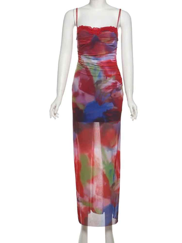 Colorful Print Maxi Dress Patchwork Lace Mesh Low-Neck Sleeveless Backles