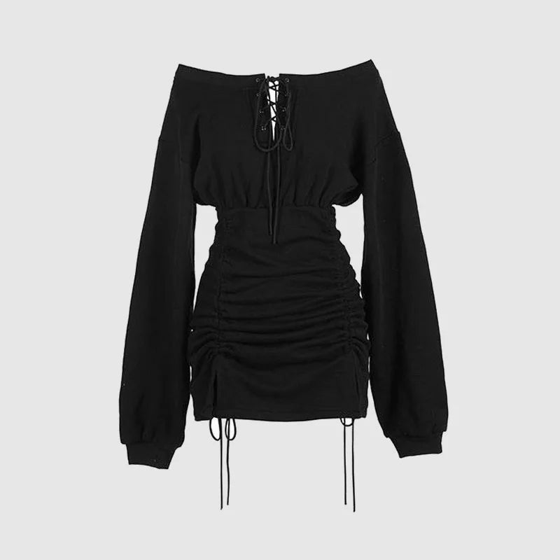 Off Shoulder Long Sleeve Pleated Women Sheath Dress