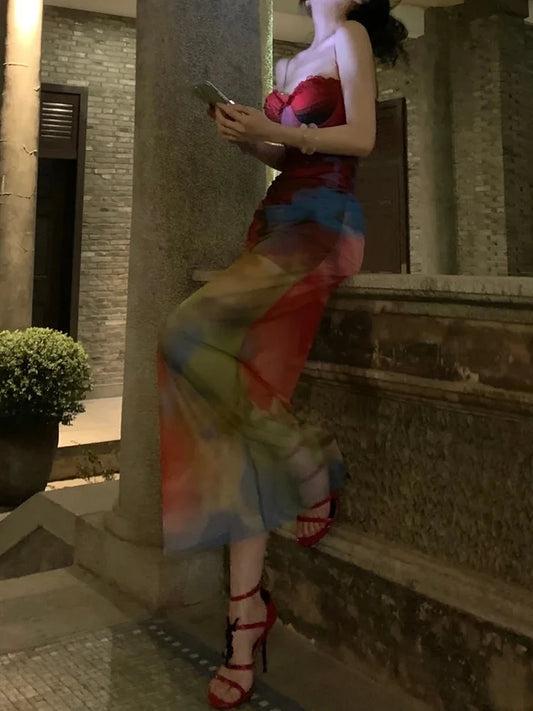 Colorful Print Maxi Dress Patchwork Lace Mesh Low-Neck Sleeveless Backles