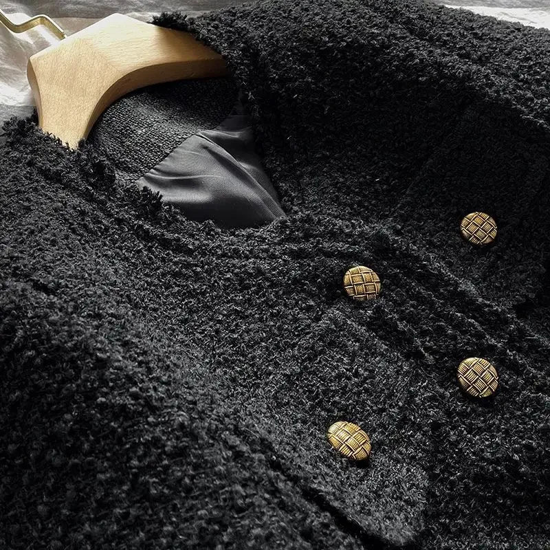 Black Tweed Style Cropped Elegant Socialite Long Sleeve Toping Thin Regular Crew Neck Jacket
