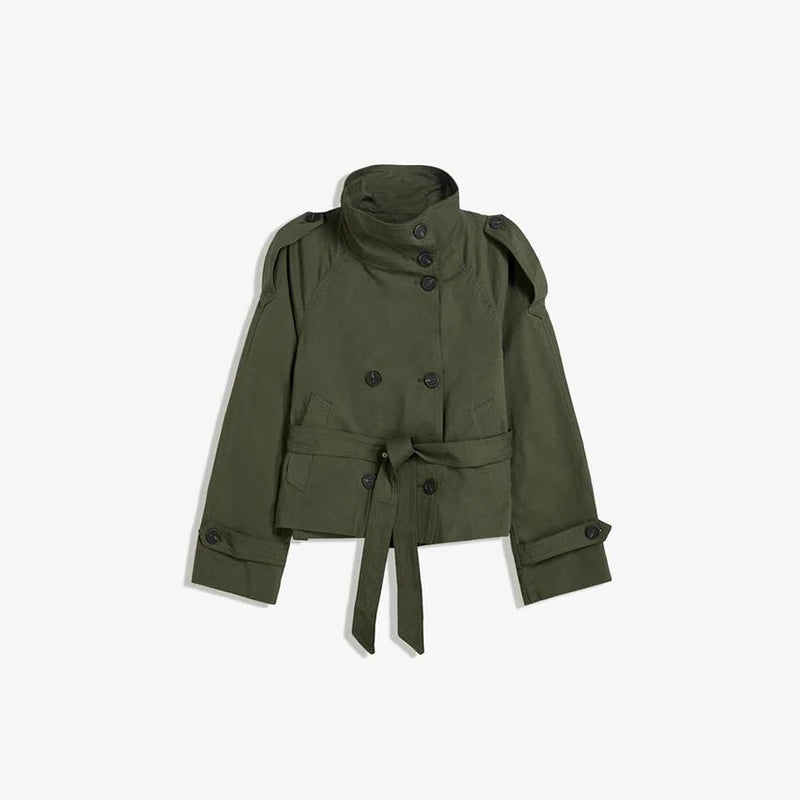 Belted Waist Cropped Trench Double Breasted Stand Collar Coat