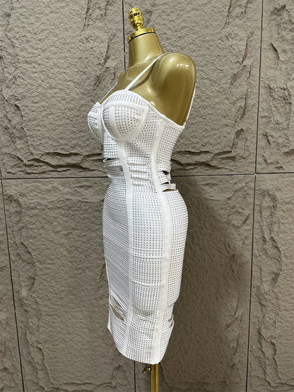 V Strap Slim Sleeveless Diamond Decoration Midi Party Dress Elegant Club Party Dress