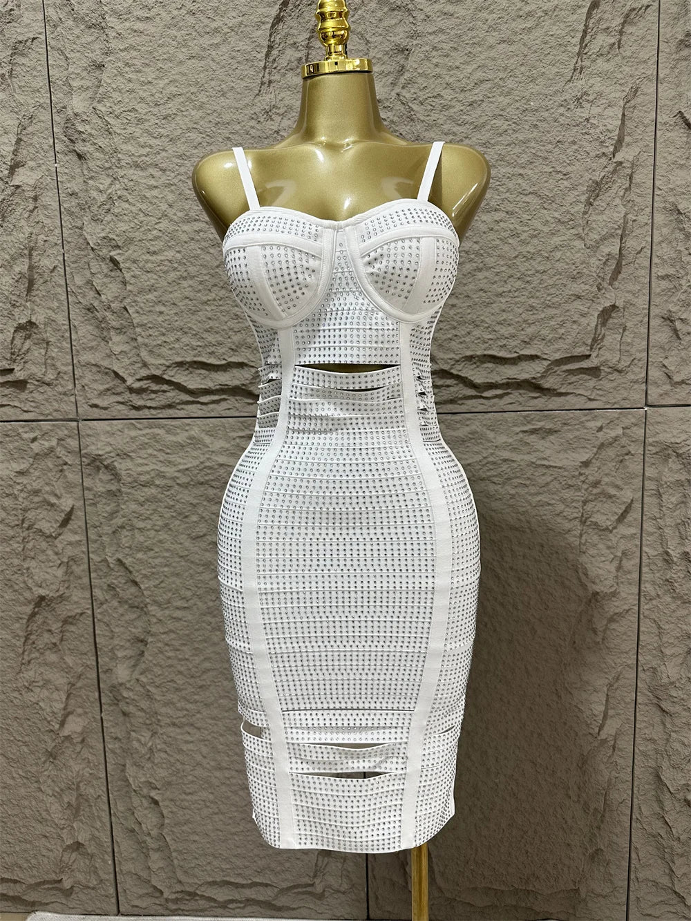 V Strap Slim Sleeveless Diamond Decoration Midi Party Dress Elegant Club Party Dress