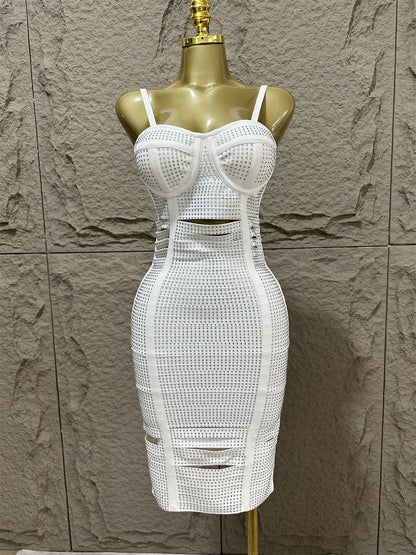 V Strap Slim Sleeveless Diamond Decoration Midi Party Dress Elegant Club Party Dress