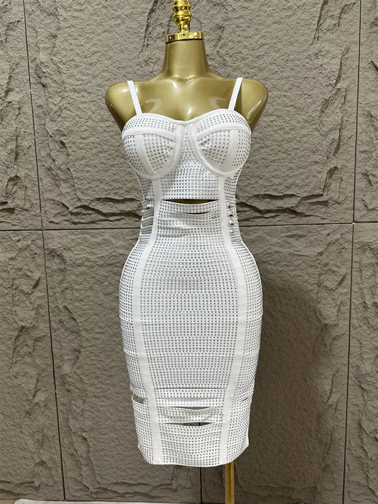 V Strap Slim Sleeveless Diamond Decoration Midi Party Dress Elegant Club Party Dress