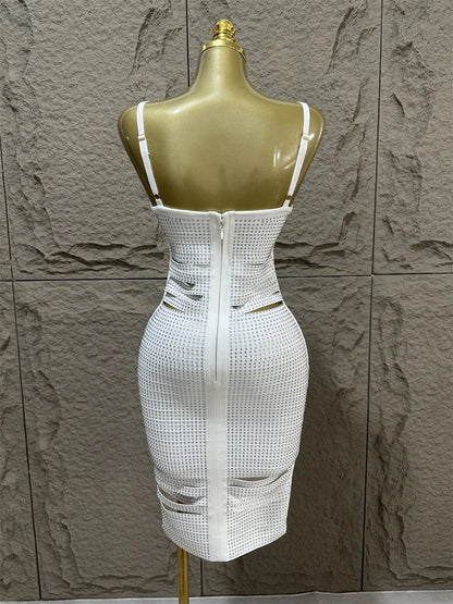 V Strap Slim Sleeveless Diamond Decoration Midi Party Dress Elegant Club Party Dress