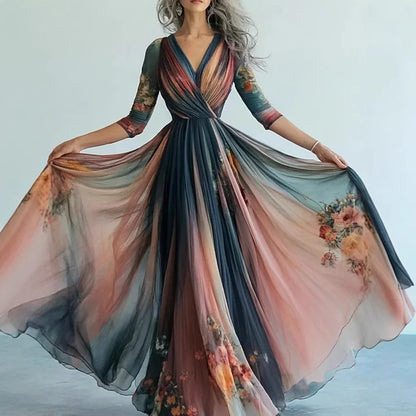 Long Sleeve Mesh Dress Vacation Vibes Full Skirt Chiffon Dress V-neck Ankle-length Regular Waistline