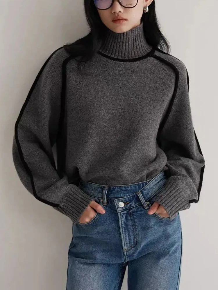 Knitted Hoodie Half High Collar Long Sleeve Splicing Commuter Style Warm Sweater
