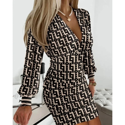 Dress Fashion V-neck Solid Color Printed Wrapped Hip Long Sleeve Dress Commuter Holiday Dress