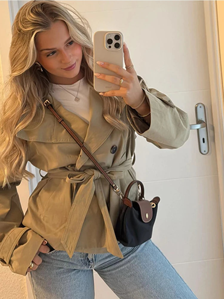 Belted Waist Cropped Trench Double Breasted Stand Collar Coat