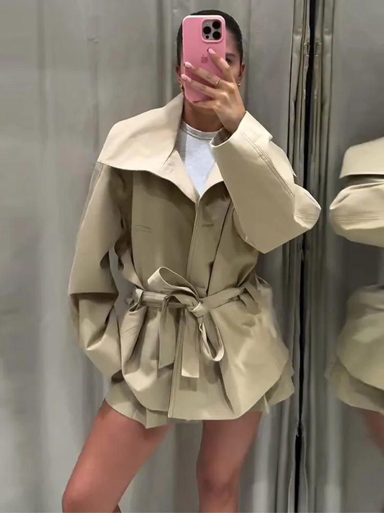Belted Waist Cropped Trench Double Breasted Stand Collar Coat