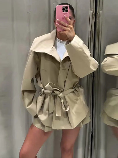 Belted Waist Cropped Trench Double Breasted Stand Collar Coat