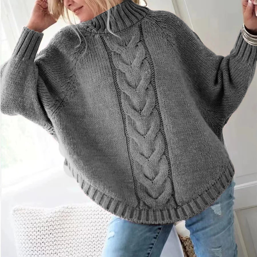 Cable Sweater  Women's Loose Fit High Neck Pullover