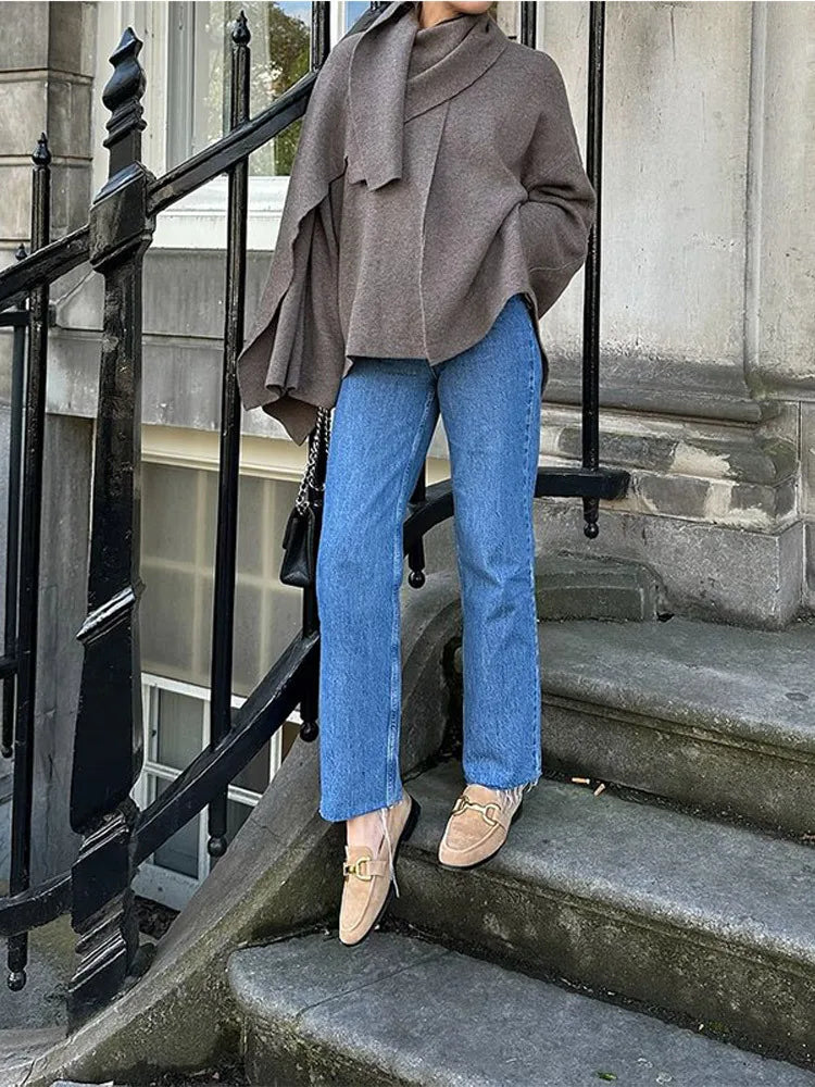 Autumn Winter New Female Cape Solid Long Sleeve Knitted Coat Fashion Scarf Collar Warm Women Short Jacket Elegant Streetwear