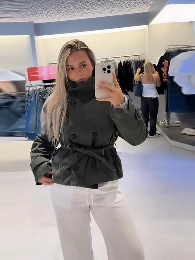 Belted Waist Cropped Trench Double Breasted Stand Collar Coat