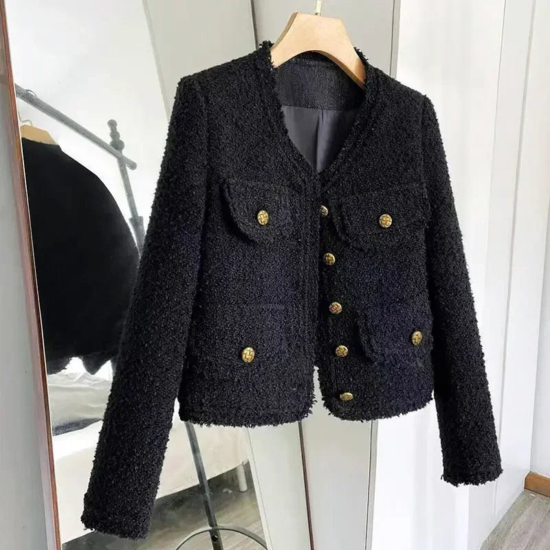 Black Tweed Style Cropped Elegant Socialite Long Sleeve Toping Thin Regular Crew Neck Jacket