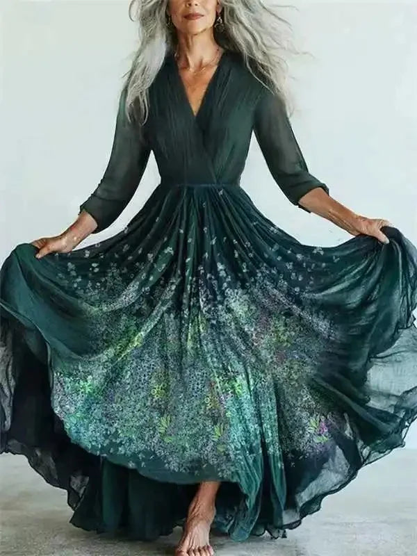 Long Sleeve Mesh Dress Vacation Vibes Full Skirt Chiffon Dress V-neck Ankle-length Regular Waistline