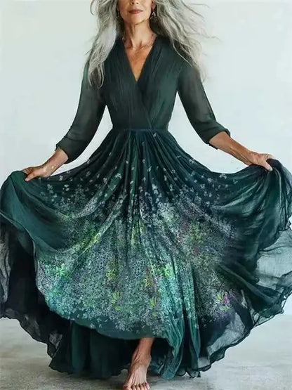 Long Sleeve Mesh Dress Vacation Vibes Full Skirt Chiffon Dress V-neck Ankle-length Regular Waistline