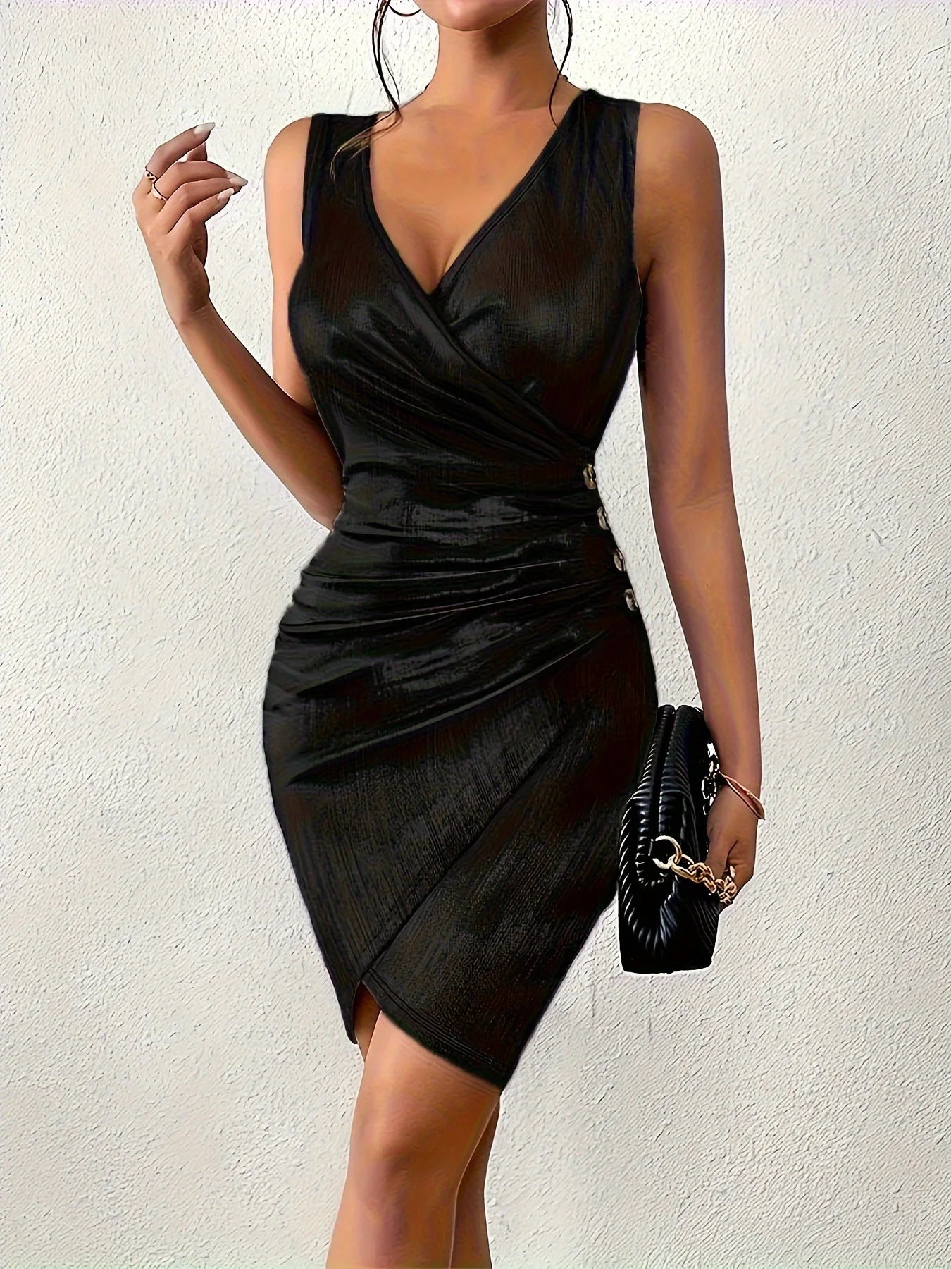 wrapped fashion V-neck casual color blocking button solid metal pleated tight fitting dress