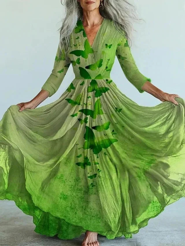 Long Sleeve Mesh Dress Vacation Vibes Full Skirt Chiffon Dress V-neck Ankle-length Regular Waistline