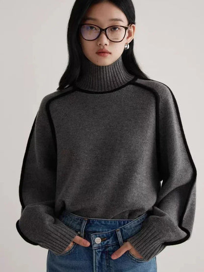 Knitted Hoodie Half High Collar Long Sleeve Splicing Commuter Style Warm Sweater