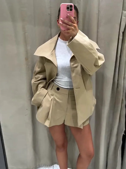 Belted Waist Cropped Trench Double Breasted Stand Collar Coat