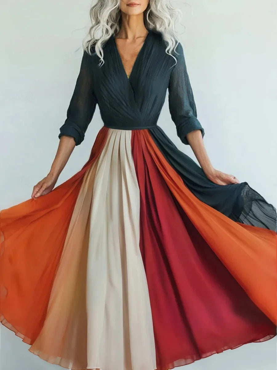 Long Sleeve Mesh Dress Vacation Vibes Full Skirt Chiffon Dress V-neck Ankle-length Regular Waistline