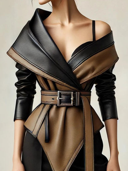 PU Faux Leather Jacket for Women's One Shoulder Splice Irregular Hem Long Sleeve Leather Coat