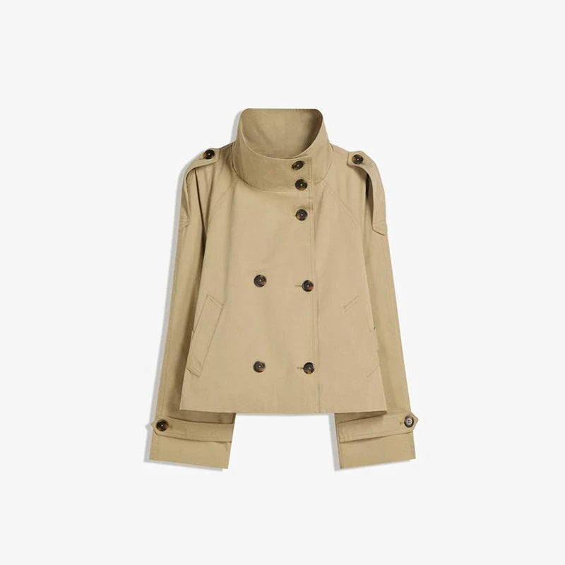 Belted Waist Cropped Trench Double Breasted Stand Collar Coat