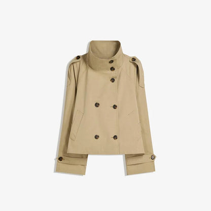 Belted Waist Cropped Trench Double Breasted Stand Collar Coat