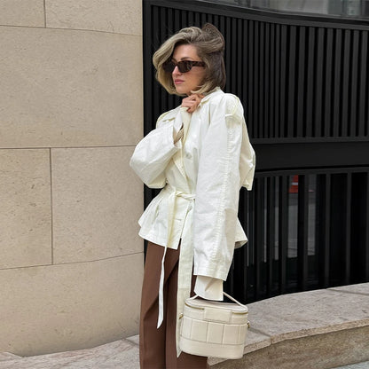 Belted Waist Cropped Trench Double Breasted Stand Collar Coat