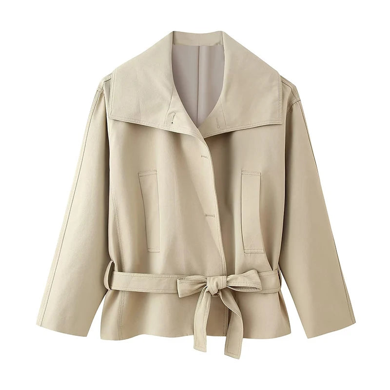 Belted Waist Cropped Trench Double Breasted Stand Collar Coat