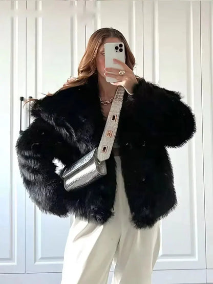 Women Elegant Faux Fur Coat Warm Fluffy Loose Long Sleeve Lapel Jacket Autumn Winter Fashion High Street Lady Outerwear