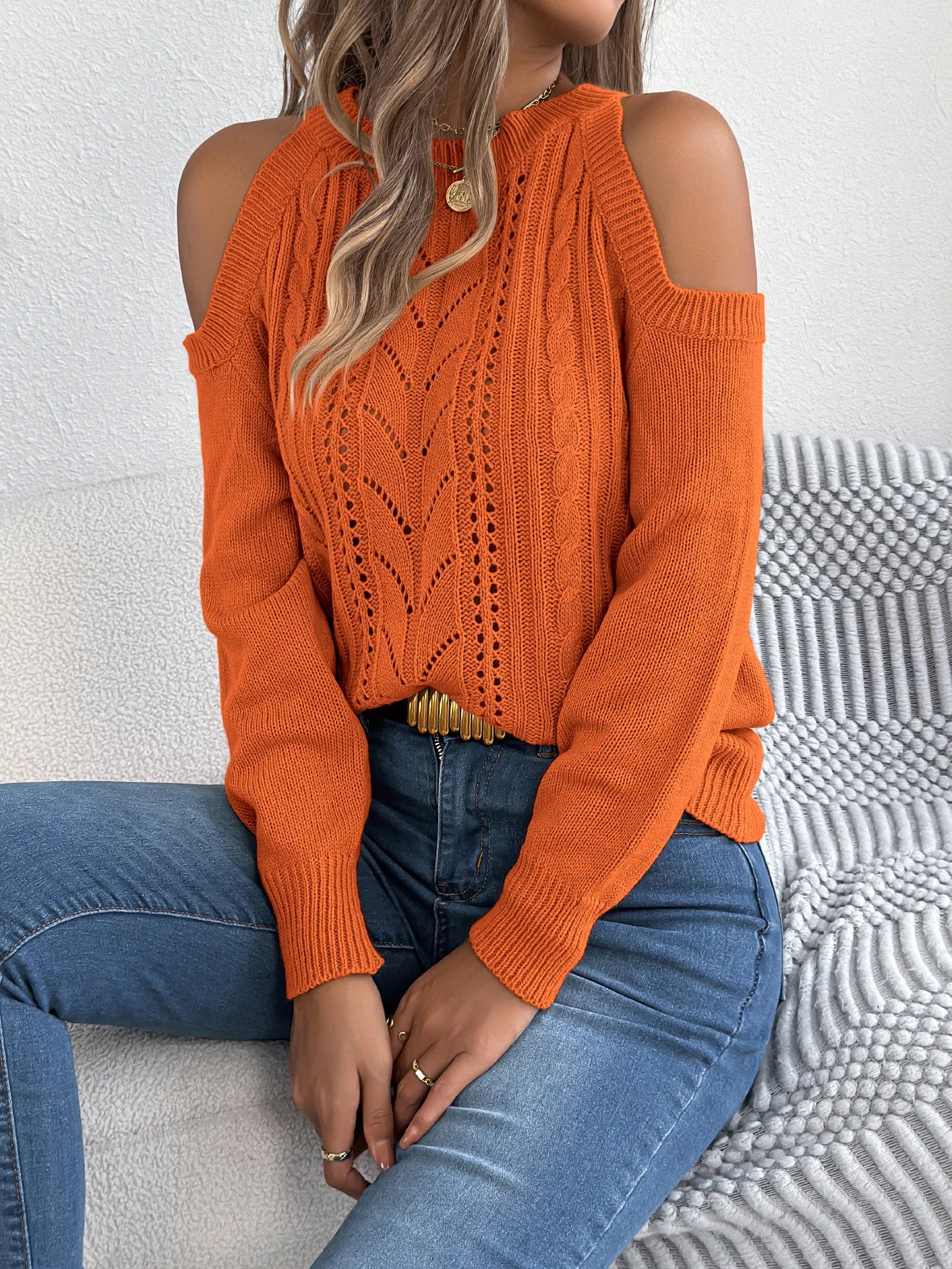 Off Shoulder Round Neck Pullover Hollow Out Twist Knitted Sweaters