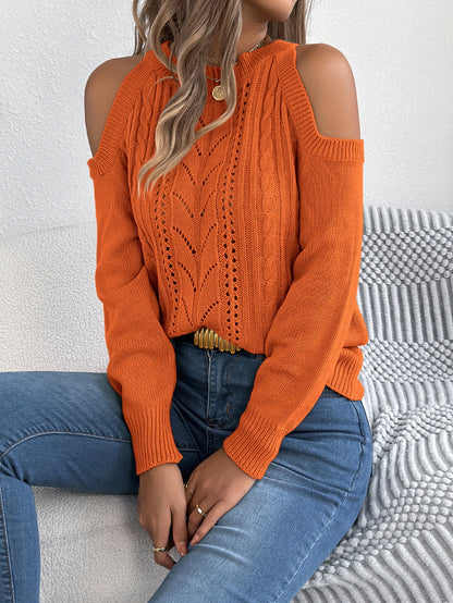 Off Shoulder Round Neck Pullover Hollow Out Twist Knitted Sweaters