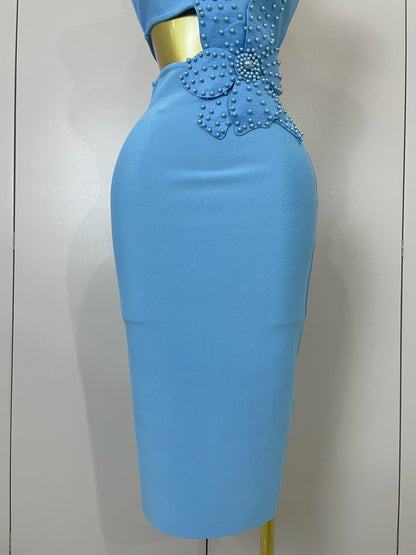 One Shoulder Pearl Sky Blue Bodycon Bandage Dress