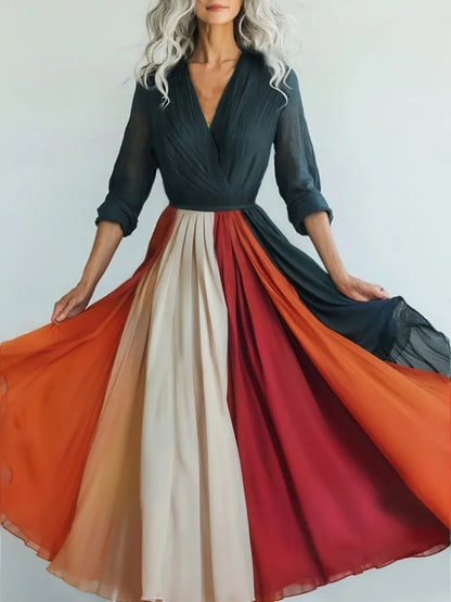 Long Sleeve Mesh Dress Vacation Vibes Full Skirt Chiffon Dress V-neck Ankle-length Regular Waistline