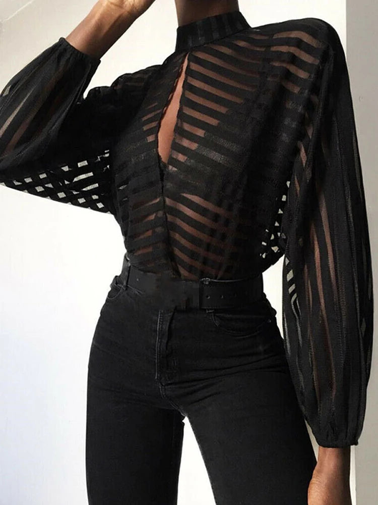 Mesh Sheer Blouses Ladies Long Sleeve Striped Front Hollow Out Transparent Shirts