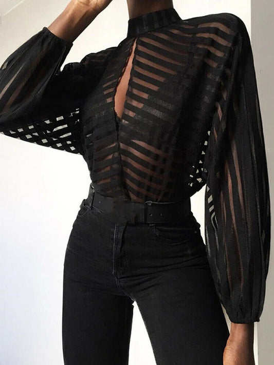 Mesh Sheer Blouses Ladies Long Sleeve Striped Front Hollow Out Transparent Shirts