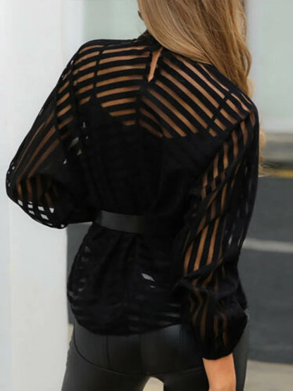 Mesh Sheer Blouses Ladies Long Sleeve Striped Front Hollow Out Transparent Shirts