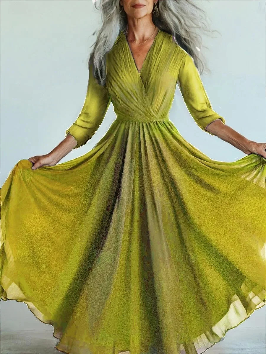 Long Sleeve Mesh Dress Vacation Vibes Full Skirt Chiffon Dress V-neck Ankle-length Regular Waistline