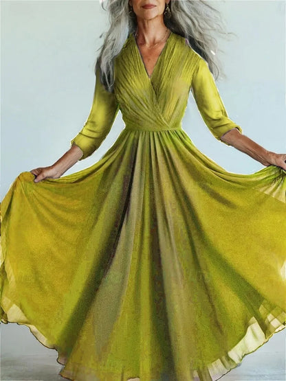 Long Sleeve Mesh Dress Vacation Vibes Full Skirt Chiffon Dress V-neck Ankle-length Regular Waistline