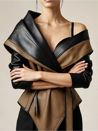 PU Faux Leather Jacket for Women's One Shoulder Splice Irregular Hem Long Sleeve Leather Coat