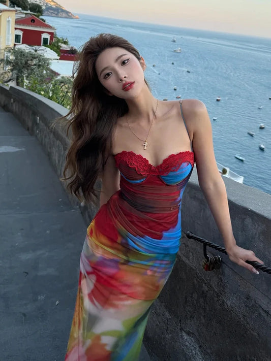 Colorful Print Maxi Dress Patchwork Lace Mesh Low-Neck Sleeveless Backles