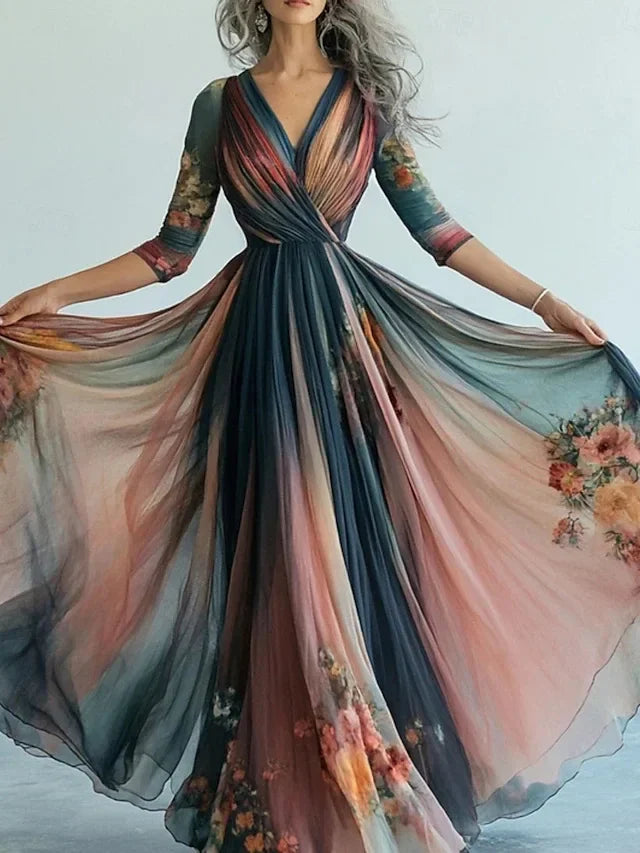 Long Sleeve Mesh Dress Vacation Vibes Full Skirt Chiffon Dress V-neck Ankle-length Regular Waistline