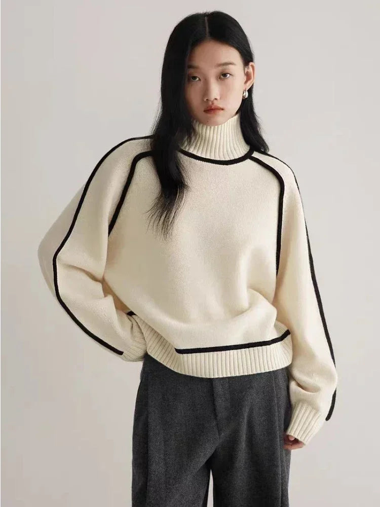 Knitted Hoodie Half High Collar Long Sleeve Splicing Commuter Style Warm Sweater