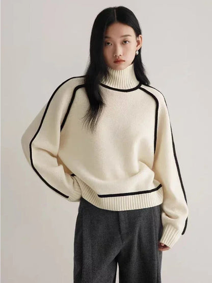 Knitted Hoodie Half High Collar Long Sleeve Splicing Commuter Style Warm Sweater