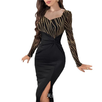 Bodycon Dress Cross V-Neck Long Sleeve Leopard