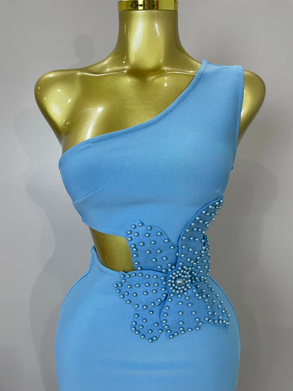 One Shoulder Pearl Sky Blue Bodycon Bandage Dress