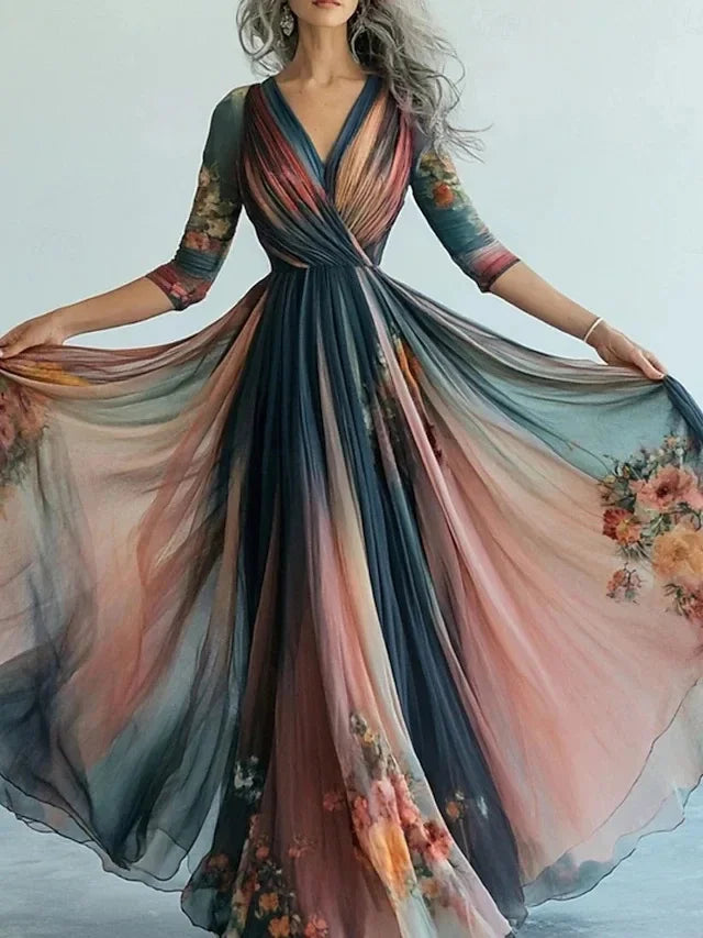 Long Sleeve Mesh Dress Vacation Vibes Full Skirt Chiffon Dress V-neck Ankle-length Regular Waistline